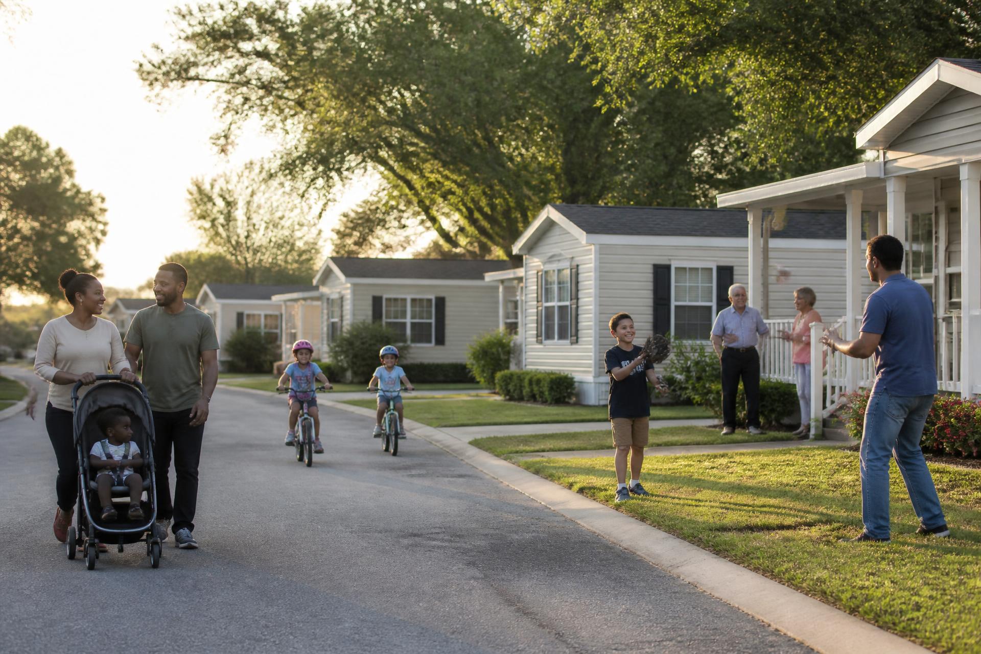 Diverse families enjoying a clean, modern manufactured home community